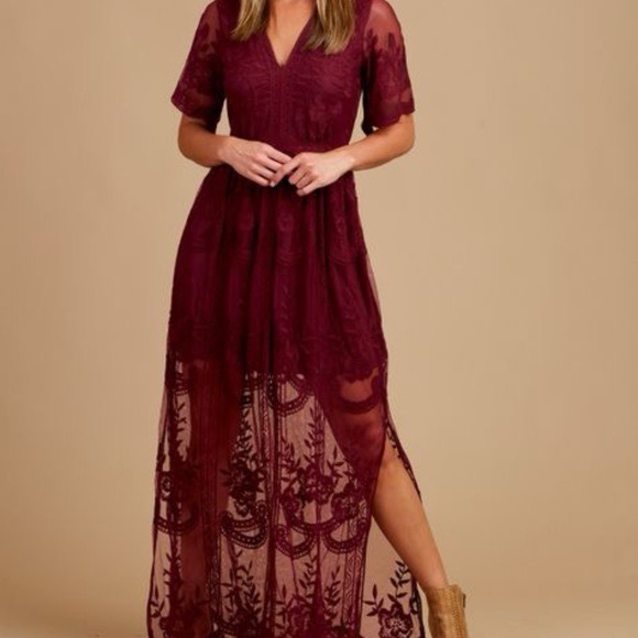 Altar'd State Marionette Maxi All Lace Dress Medium Deep Burgundy Mid Sleeve - Picture 4 of 8